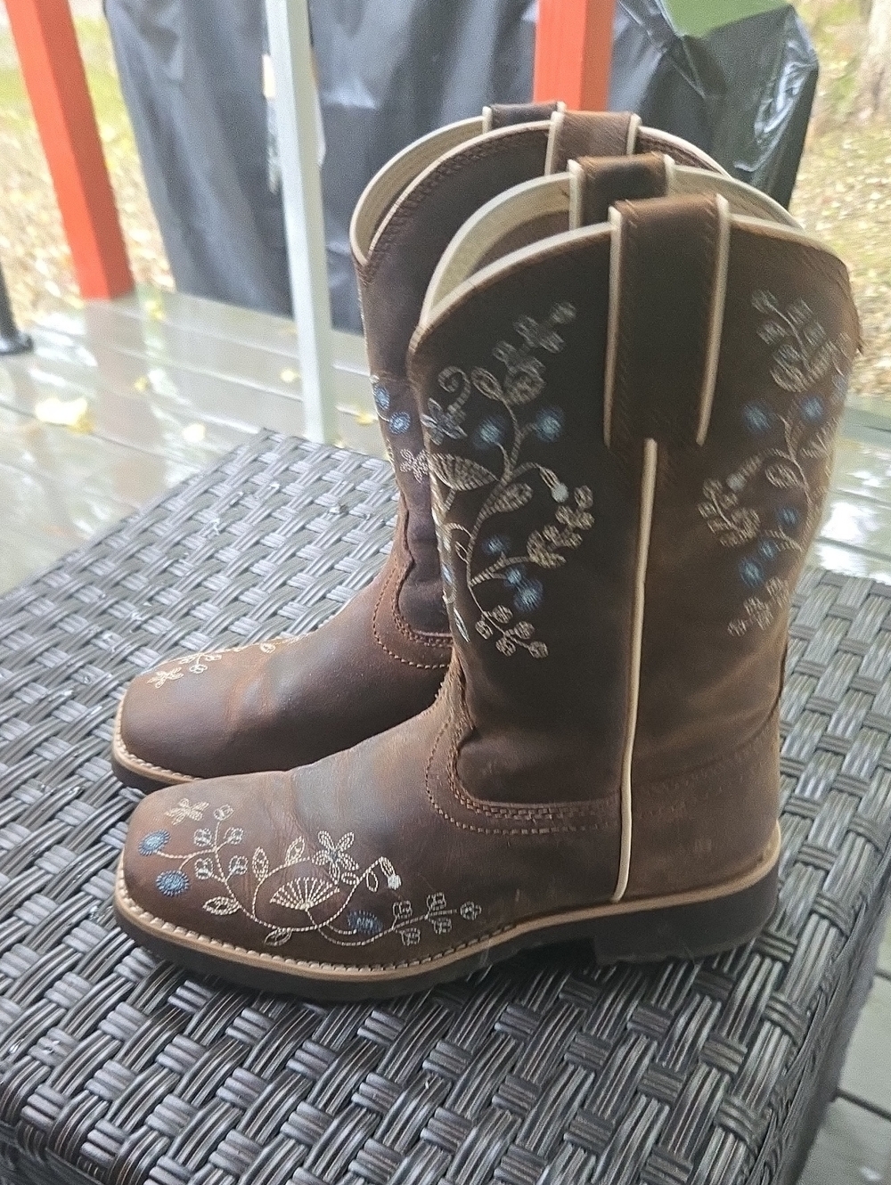 Shyanne Brown Western Ankle Boots with Blue Floral Embroidery